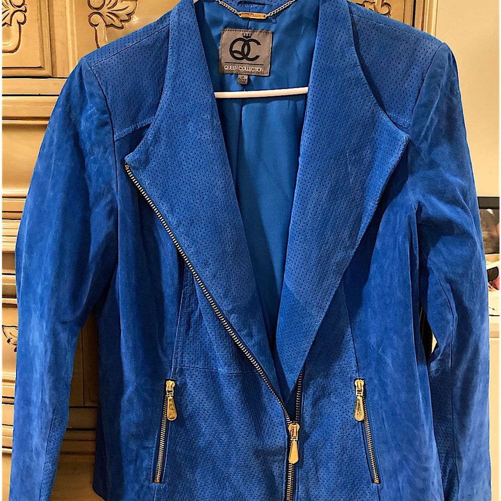 Blue suede jacket size medium by queens collection.
